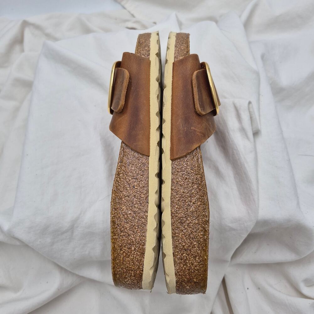 Birkenstock Brown Leather Slide Sandals with Gold Buckles - Picture 6 of 7